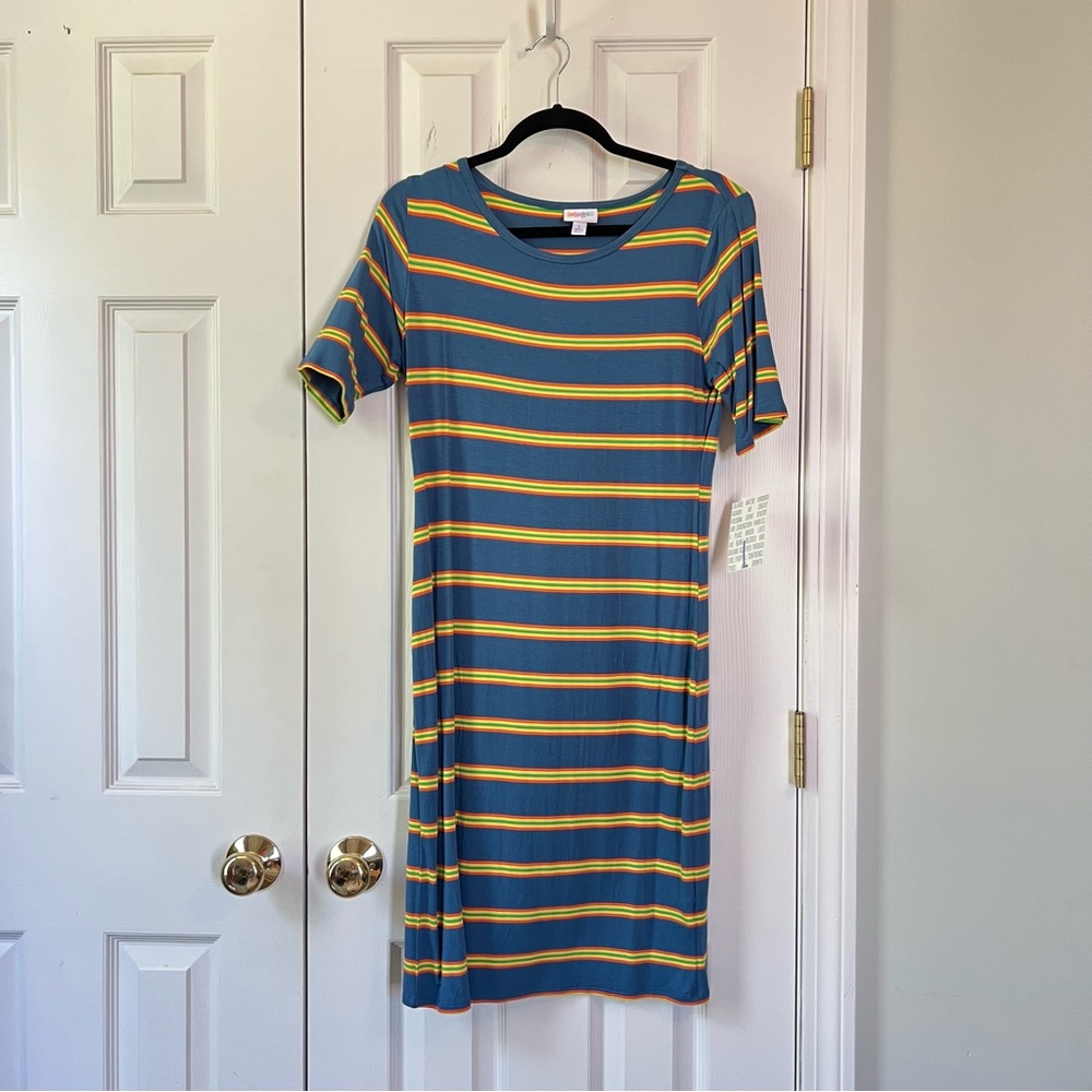 LuLaRoe Blue and Yellow Striped Dress